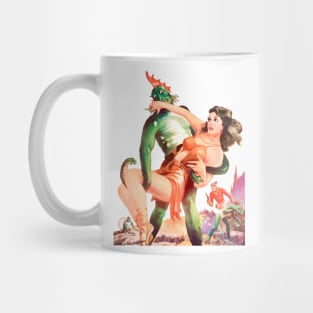 Beautiful pin up brunette from space is abducted by an alien on a distant planet Comic Retro Vintage Mug